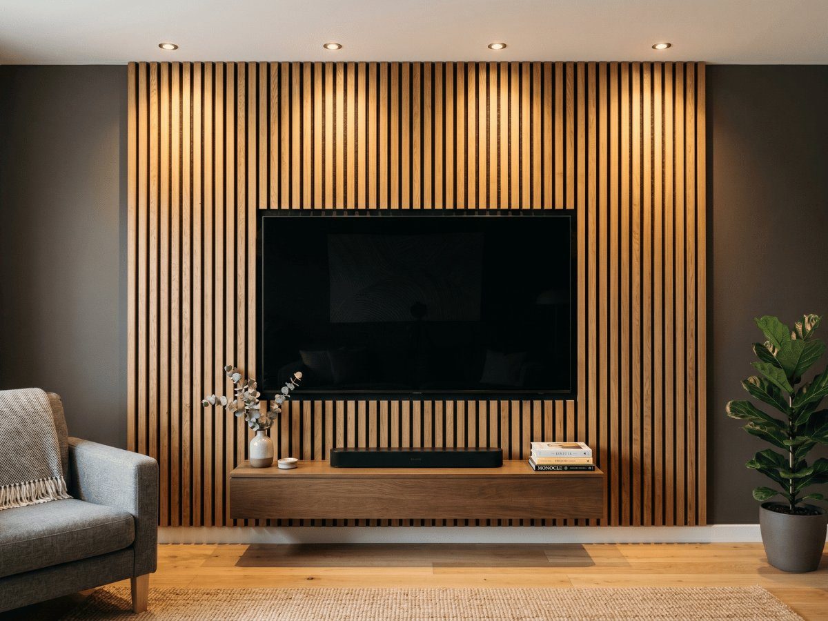 Slatted acoustic wall panelling behind a TV