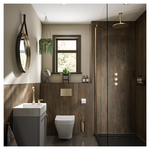 Multipanel timber-effect bathroom wall panels, Linda Barker Collection